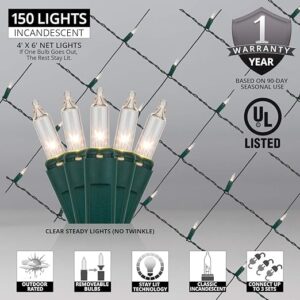 Clear Net Lights Christmas Clear Net Christmas Lights Outdoor Net, Outdoor Warm Christmas Lights / Outdoor Decorative Lights Christmas Net Lights on Green Wire (4’x 6’ net, 150 Lights, Clear)