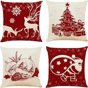 Ogrmar 4PCS 18"x18" Throw Pillow Covers Christmas Decorative Couch Pillow Cases Cotton Linen Pillow Square Cushion Cover for Sofa, Couch, Bed (Red and Beige)