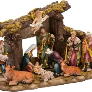 Kurt S. Adler Resin Stable-11-Piece Kurt Adler Nativity Set with Figures, Brown, 11 Piece