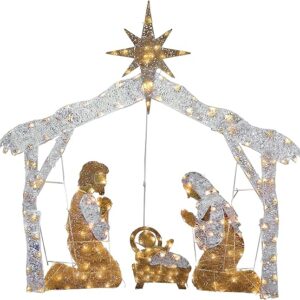 National Tree Company Company lit Artificial Christmas Décor Includes Pre-Strung Mini White LED Lights and Ground Stakes Crystal Holy Family Nativity-4.5 ft