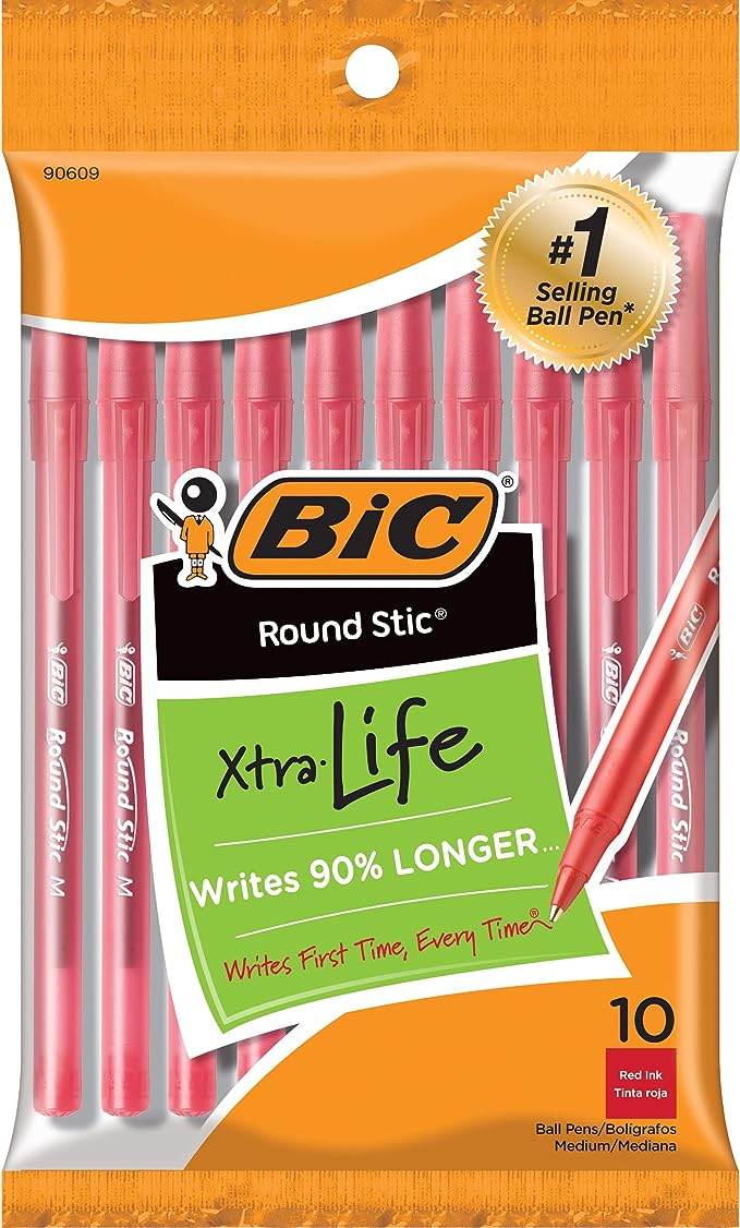 BIC Round Stic Xtra Life Ballpoint Pen, Medium Point (1.0mm), Red, 10-Count