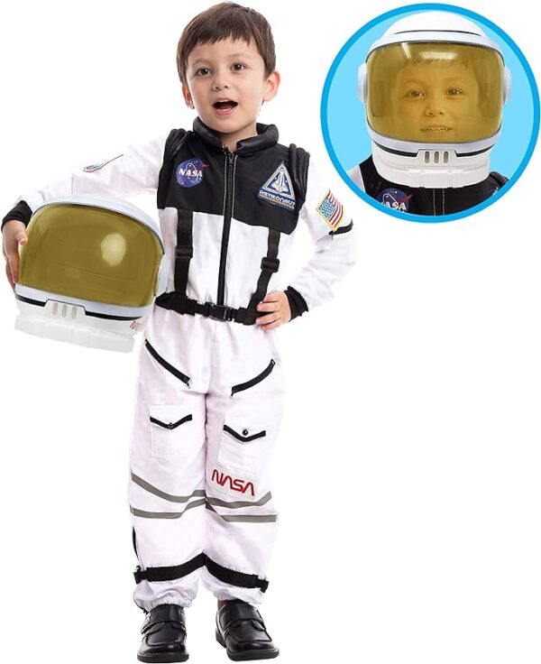 Spooktacular Creations Astronaut Costume with Helmet for Kids, Space Suit, Space Jumpsuit for Halloween Boys Girls Pretend Role Play Dress Up (White)-M