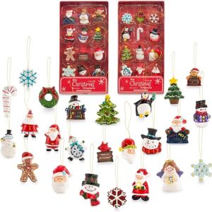 Mini Resin Christmas Ornaments Set of 24 - Rustic Christmas Decorations - Small Miniature Christmas Tree Ornaments - Santa Snowman Gingerbread Angel - Tiny Christmas Tree Decorations with Gift Box!